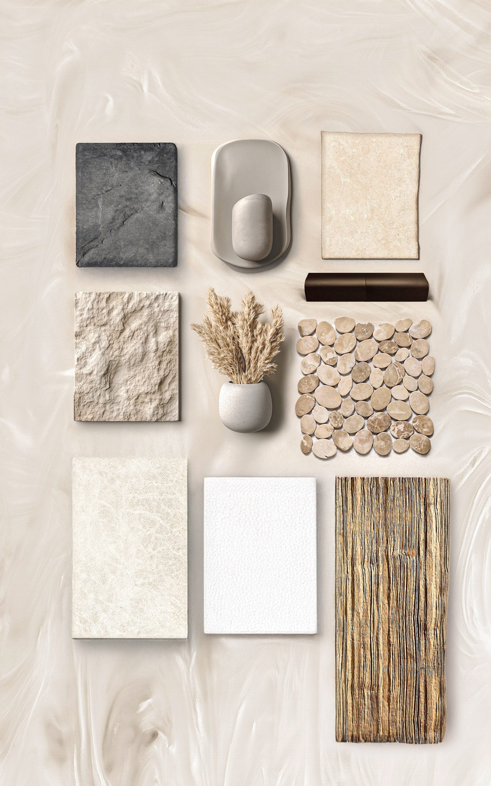 Palette dei materiali dell'interno di Ananya: campioni di pietra, legno e tessuto