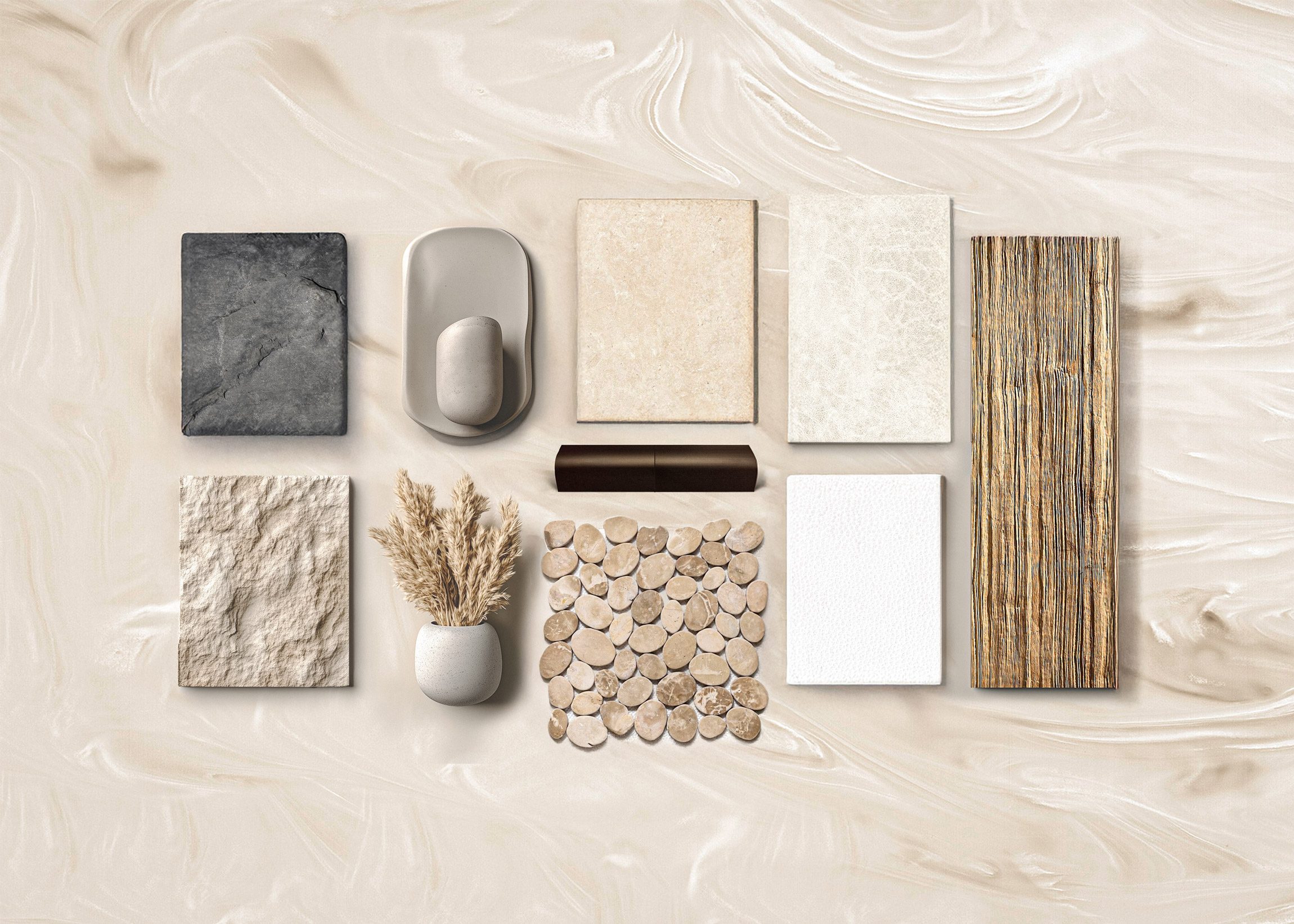 Palette dei materiali dell'interno di Ananya: campioni di pietra, legno e tessuto
