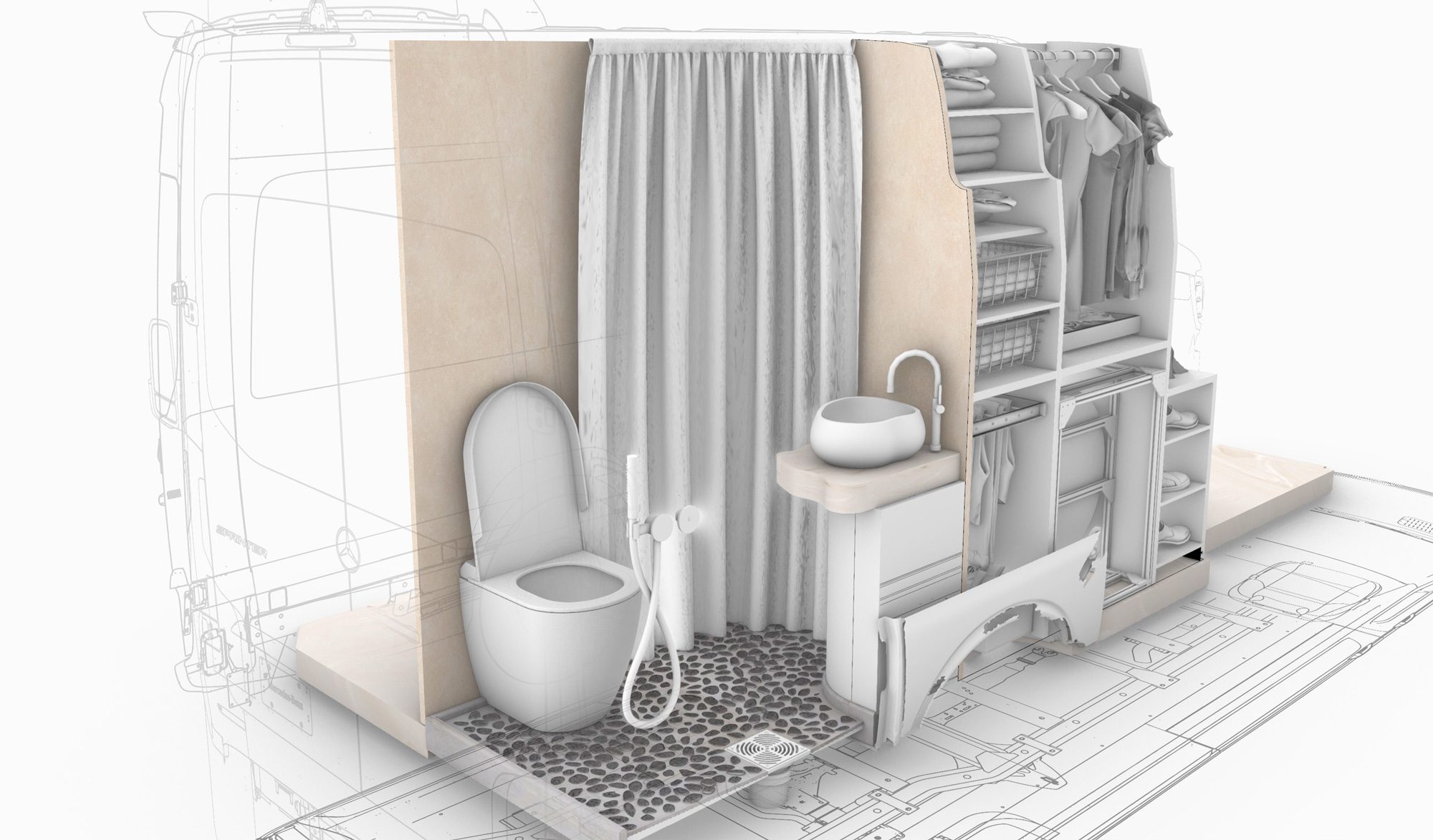 Schizzo di design del bagno di Ananya, primo studio