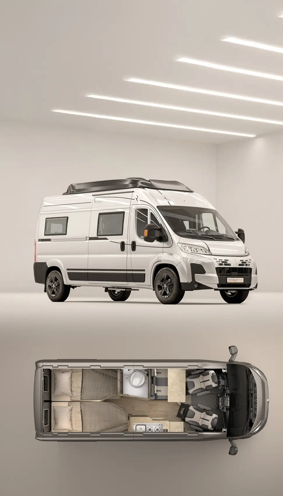 White Robeta camper van with raised roof shown from the side and an interior layout top view featuring two beds, a bathroom, kitchen area, and front cabin with two seats.
