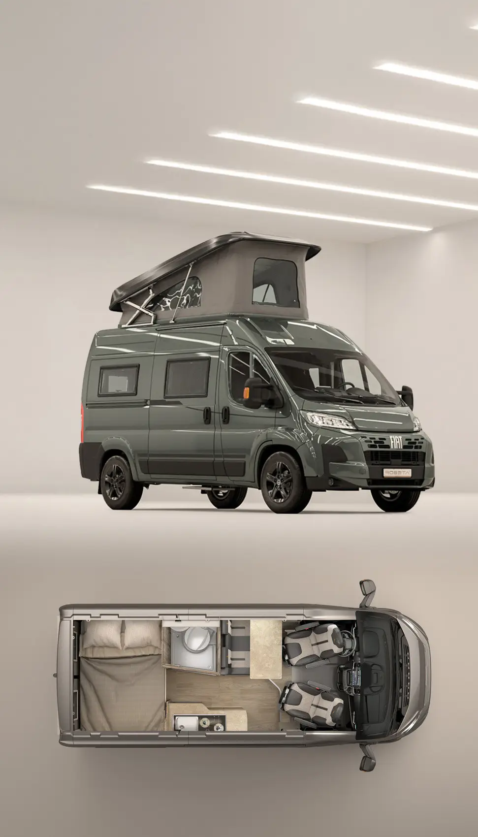 Green camper van with pop-up roof, shown alongside a top-down floor plan featuring a sleeping area, kitchen, bathroom, and seating.