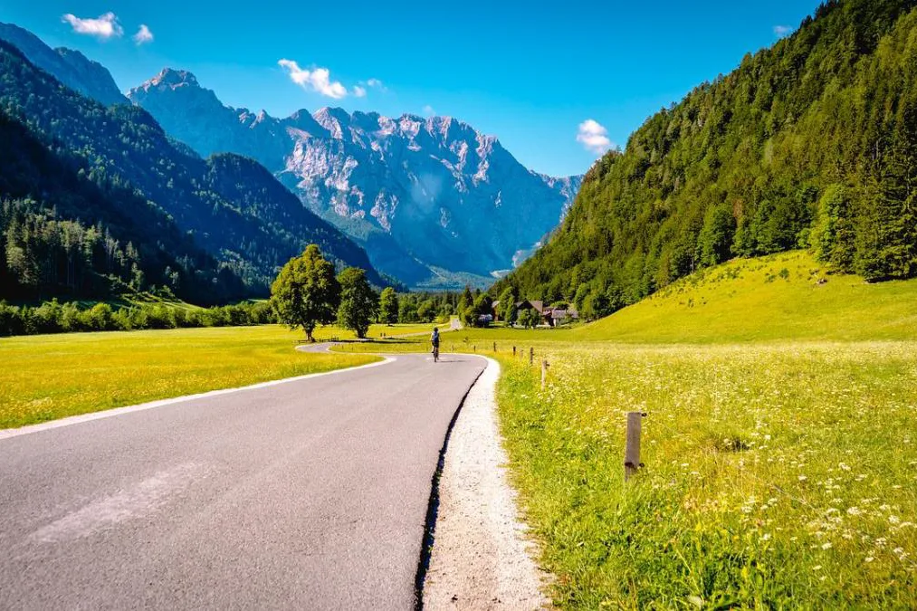 A winding road through green fields with a cyclist riding toward distant rocky mountains under a clear blue sky.