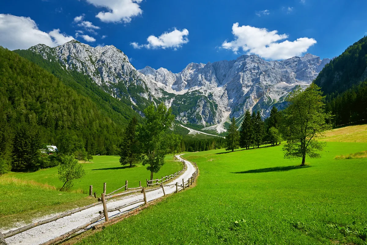A winding dirt path bordered by wooden fences runs through green meadows with scattered trees, leading to steep rocky mountains under a blue sky with scattered white clouds.
