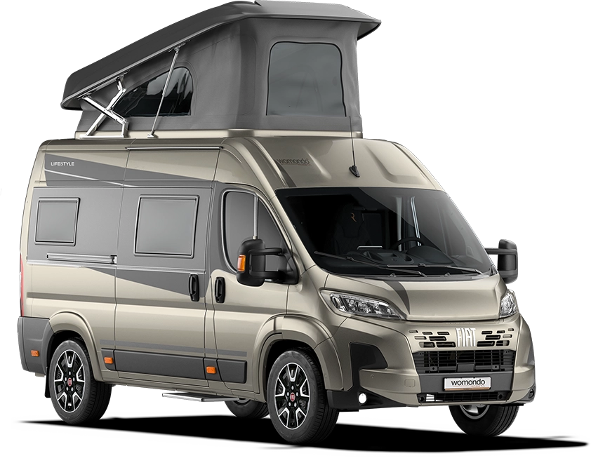 Modern beige camper van with pop-up roof tent extended and tinted windows, viewed from front right side.