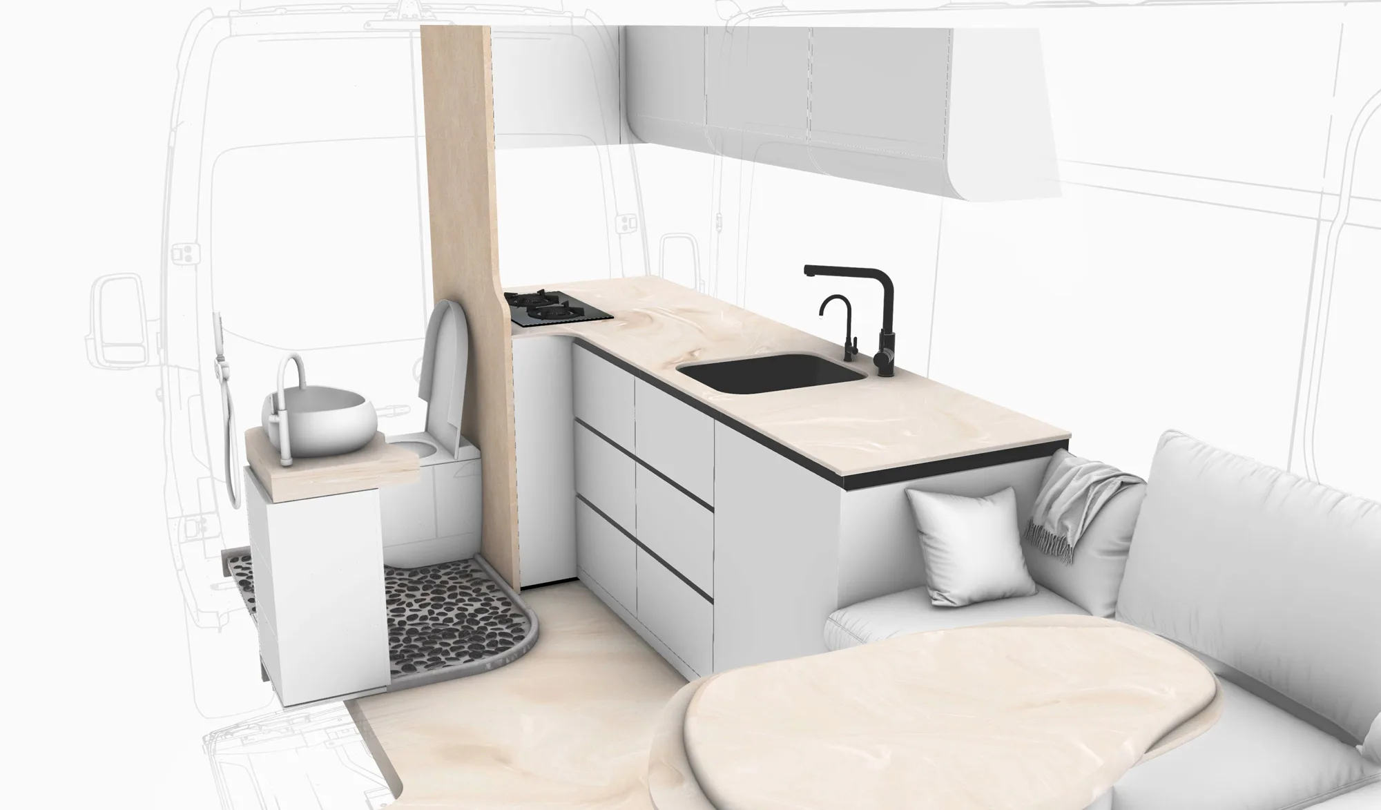 Croquis de la cuisine Ananya GlamperVan avec plan de travail Corian Sand Storm